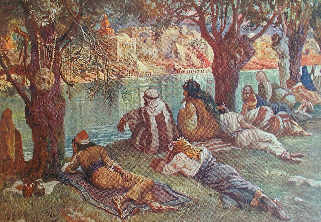 « Sur les bords des fleuves de Babylone » (Psaume 137), d'après James Tissot, peint par Michel Simonidy (1904). Photo Phillip Medhurst, CC BY-SA 4.0