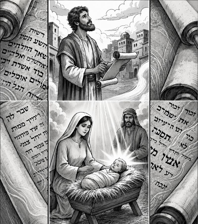 Joseph, Marie et l’enfant : l’accomplissement des Écritures (illustration Bible Contexte)