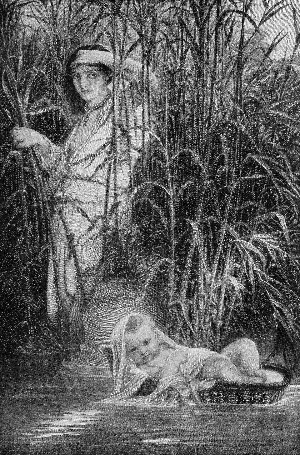 Moïse sauvé des eaux dans son petit coffre — Paul Delaroche, avant 1857 (domaine public)