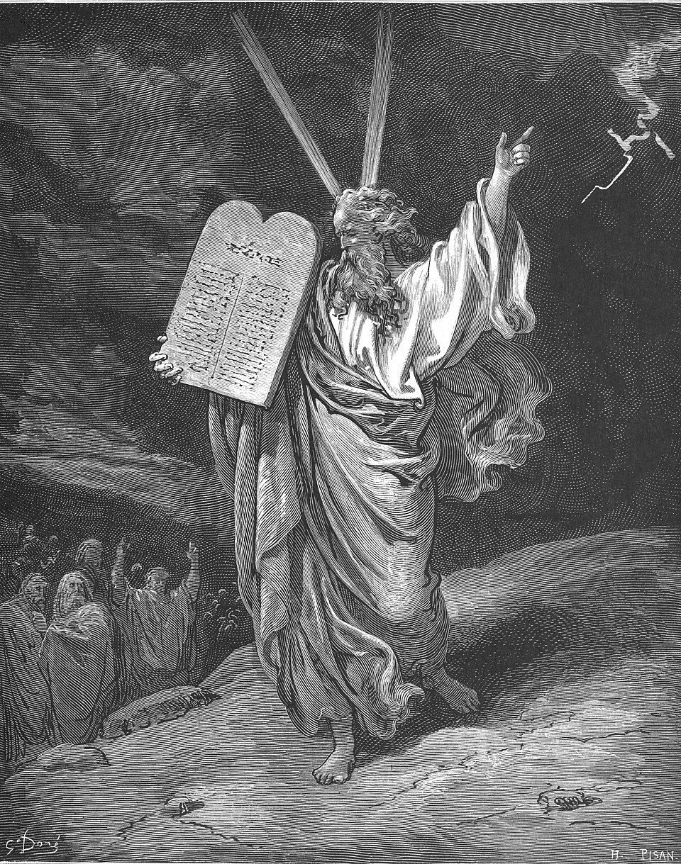 Moïse descend du Sinaï avec les tables de pierre — Gustave Doré, 1866 (domaine public)